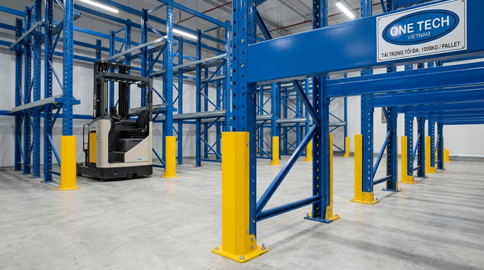 Bảo vệ chân cột kệ drive in giúp giảm va chạm xe nâng