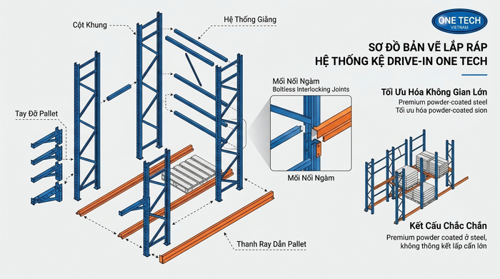 Cấu tạo kệ drive in gồm khung cột thanh ray tay đỡ và giằng liên kết