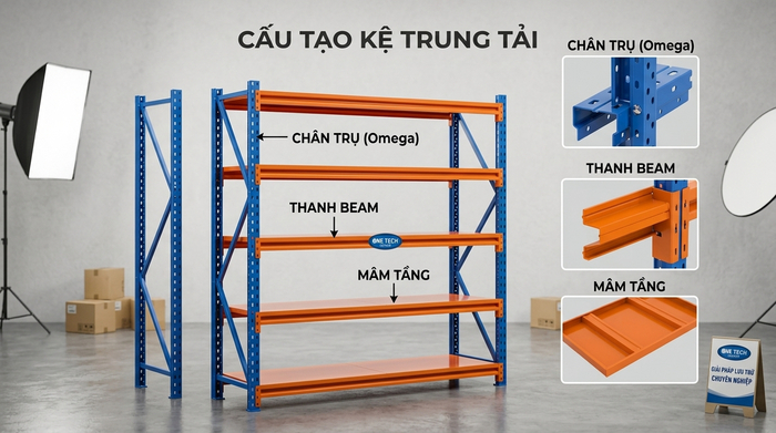 Cấu tạo kệ trung tải Bắc Ninh gồm chân trụ thanh beam và mâm tầng