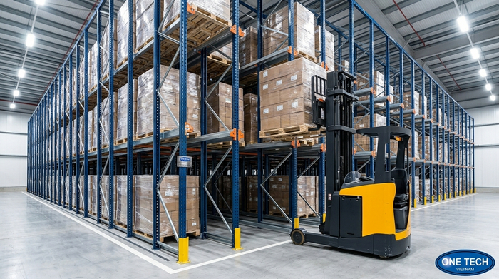 Xe nâng di chuyển vào lòng kệ drive in để đặt pallet
