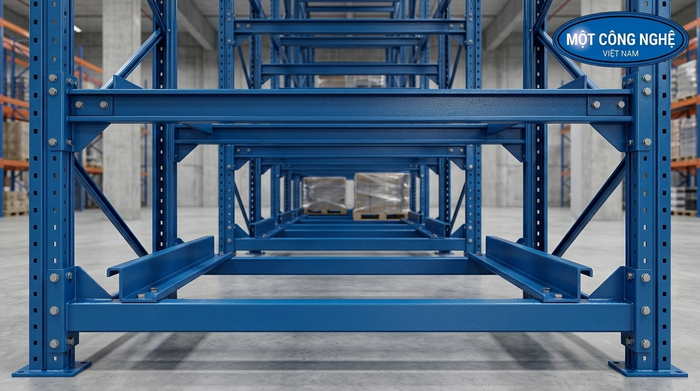 Hệ thống ray đỡ pallet của kệ drive in nhìn từ phía trước