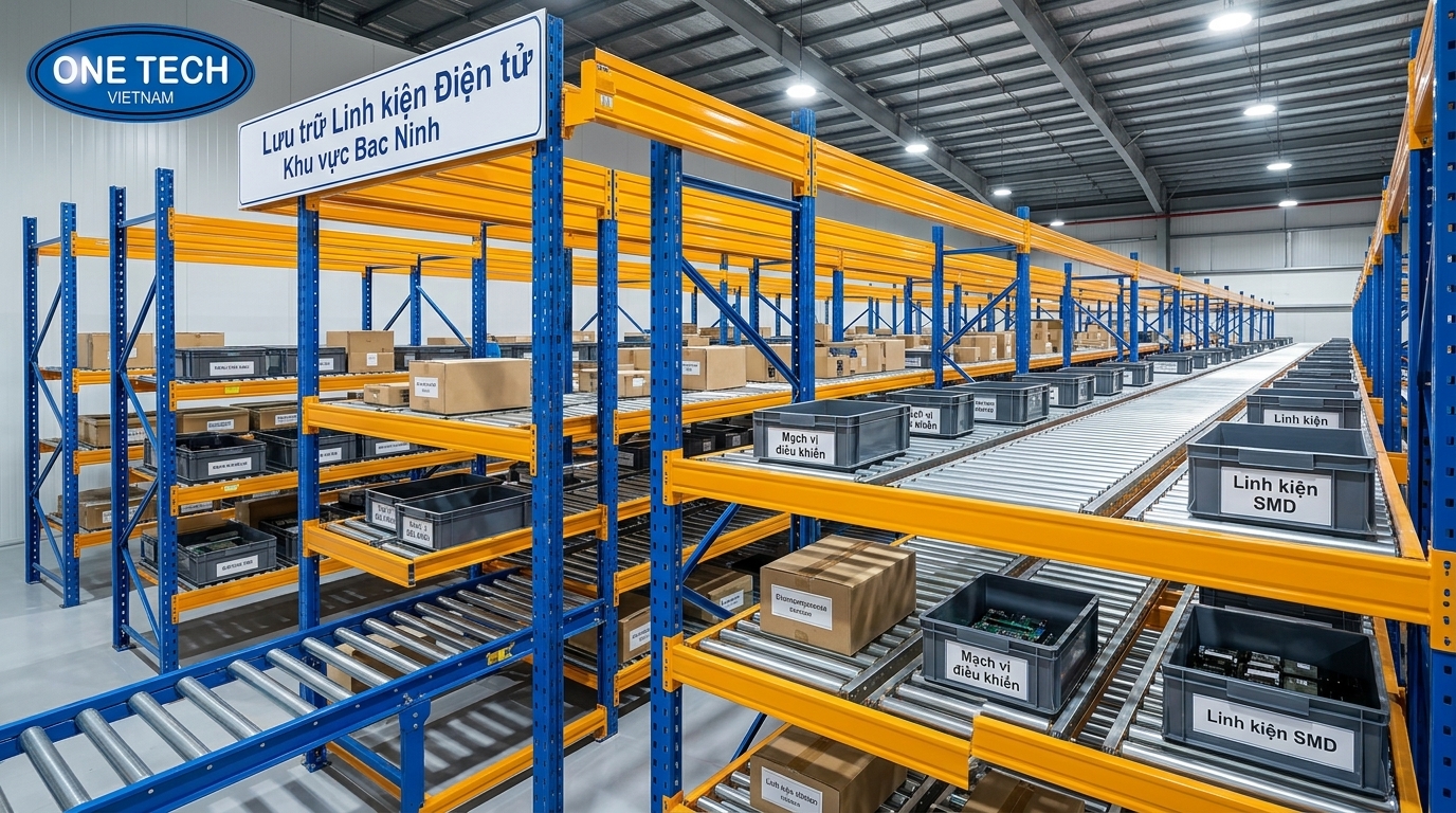 Kệ Flow racks Bắc Ninh ứng dụng trong kho điện tử và linh kiện