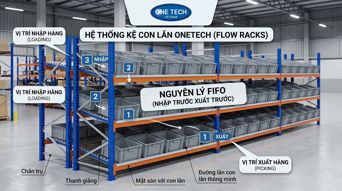 Nguyên lý hoạt động của kệ Flow racks Bắc Ninh theo cơ chế FIFO