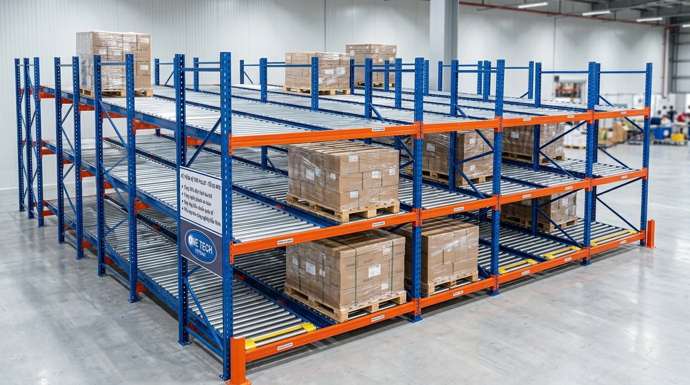 Kệ Flow racks tải trọng nặng cho pallet trong kho Bắc Ninh