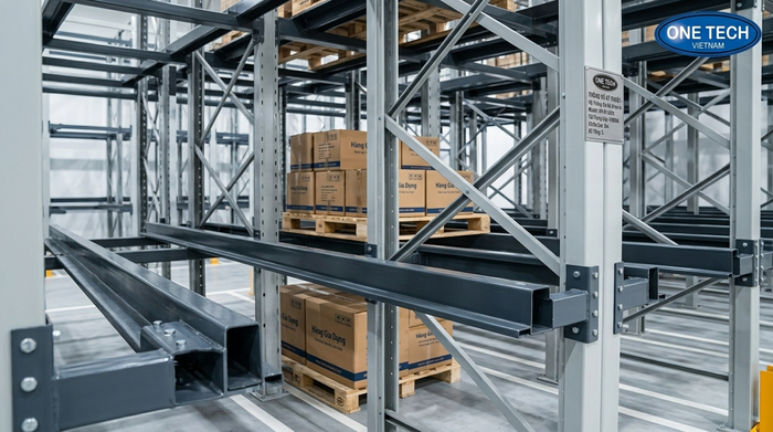 Thanh ray đỡ pallet của hệ thống kệ drive in trong nhà kho