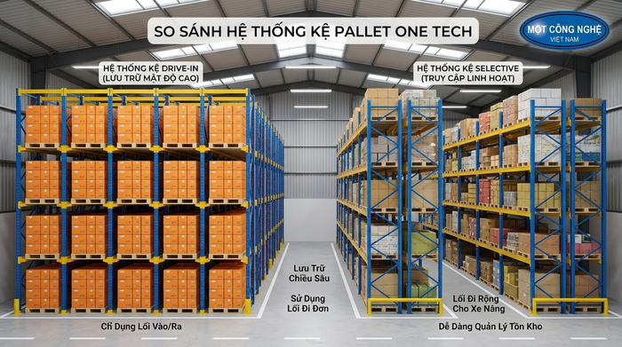 So sánh kệ drive in và kệ selective trong kho pallet