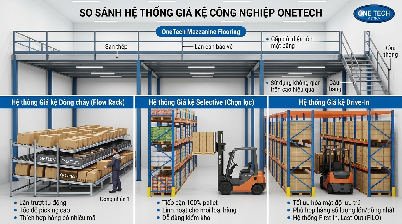 So sánh kệ Flow racks với kệ selective drive in và sàn mezzanine