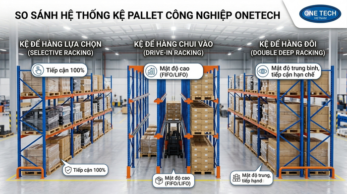So sánh các loại kệ pallet Selective Drive-In và Double Deep