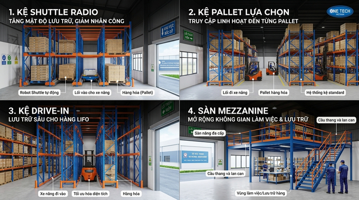 So sánh kệ Radio Shuttle với Selective Drive In và Mezzanine trong kho Bắc Ninh
