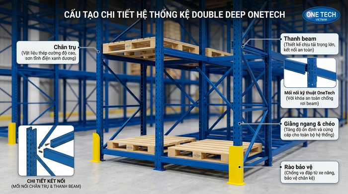 Chi tiết cấu tạo Kệ Double Deep Bắc Ninh gồm chân trụ thanh beam giằng và rào bảo vệ