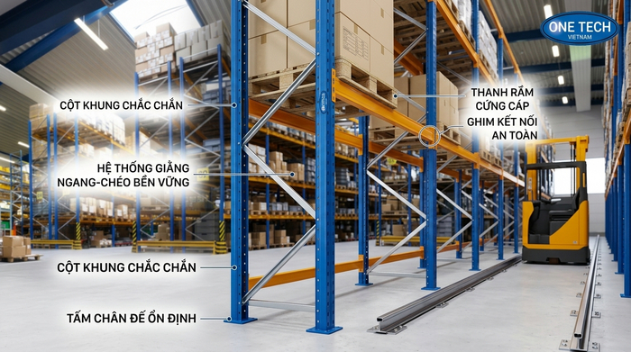 Cấu tạo hệ kệ Narrow Aisle Bắc Ninh Cấu tạo kệ Narrow Aisle gồm khung cột thanh beam giằng và chân trụ