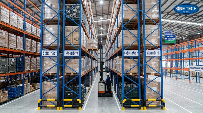 Thiết kế lối đi hẹp cho kệ VNA Bắc Ninh Lối đi hẹp giữa các dãy kệ VNA trong kho Bắc Ninh