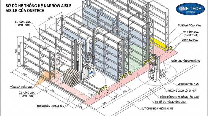 Layout kệ Narrow Aisle tối ưu không gian kho Bản vẽ layout bố trí kệ Narrow Aisle trong nhà kho Bắc Ninh