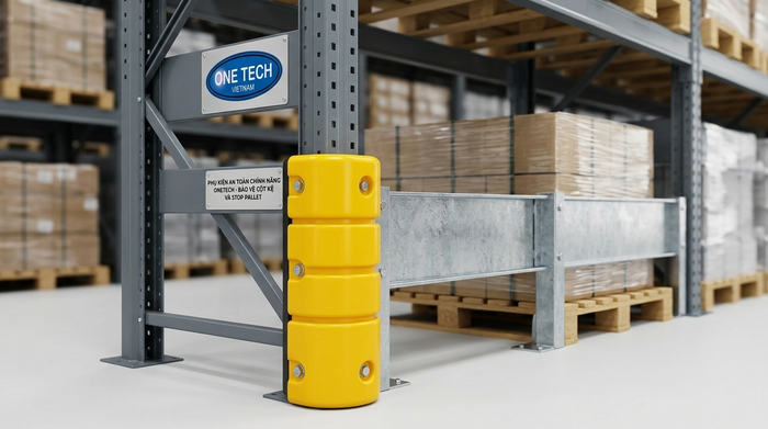 Phụ kiện an toàn cho kệ kho trung chuyển gồm bảo vệ chân trụ và thanh chặn pallet