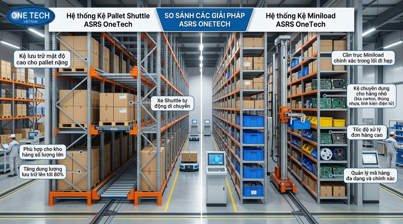 So sánh các loại kệ kho ASRS Bắc Ninh theo pallet shuttle và miniload