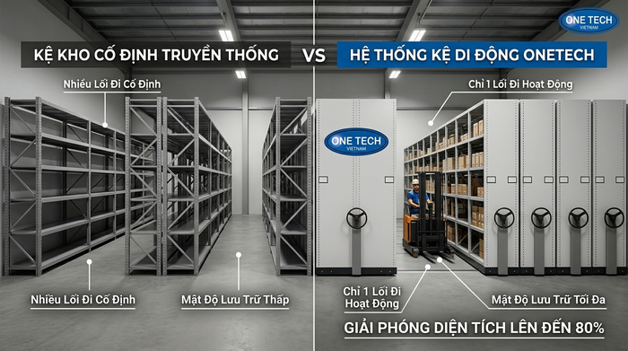 So sánh kệ kho di động và kệ cố định trong cùng diện tích kho