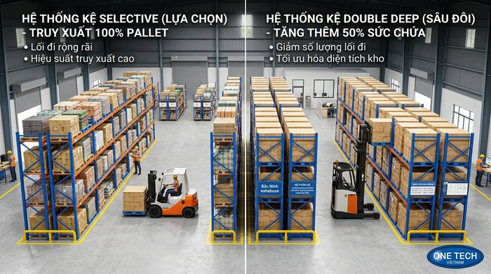 So sánh Kệ Double Deep Bắc Ninh và kệ Selective về mật độ lưu trữ pallet