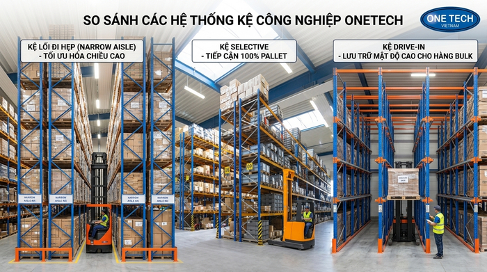 So sánh các loại kệ kho công nghiệp tại Bắc Ninh So sánh kệ Narrow Aisle với kệ Selective và Drive In