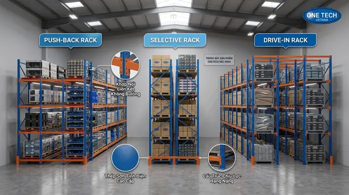 So sánh kệ push back Bắc Ninh với kệ Selective và Drive In