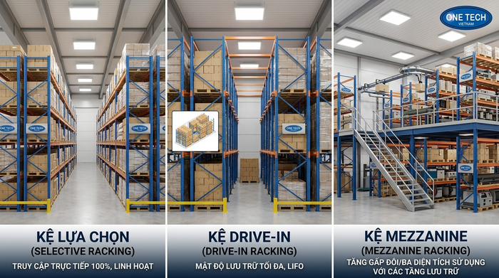 So sánh Kệ Selective với Drive-In và Mezzanine