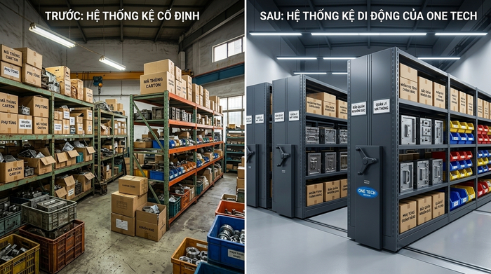 Hình minh họa trước và sau khi lắp đặt kệ kho di động