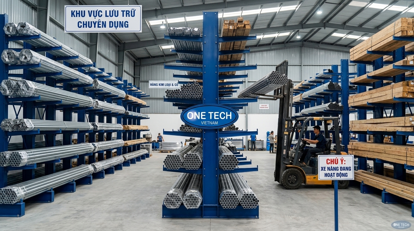 Xe nâng thao tác với kệ tay đỡ trong kho công nghiệp