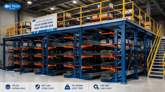 Kệ sàn mezzanine kết hợp kệ để ống thép