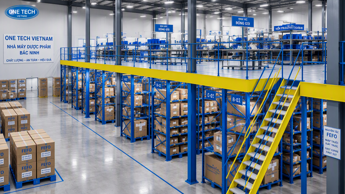 Kệ sàn Mezzanine kho dược phẩm Bắc Ninh Kệ sàn Mezzanine giúp tăng diện tích sử dụng cho kho dược phẩm Bắc Ninh