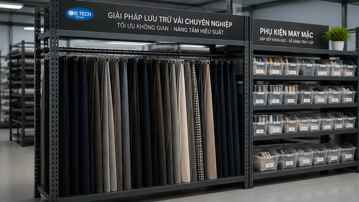 Kệ treo vải và kệ chứa phụ liệu may mặc