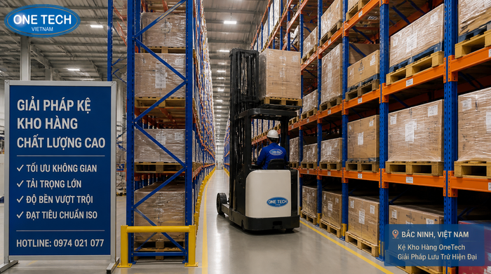 Xe nâng vận hành trong hệ thống kệ kho logistics Bắc Ninh