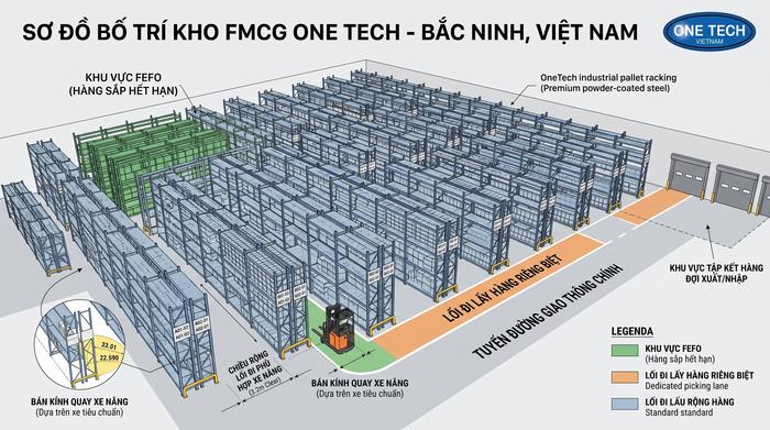 Bản vẽ layout kệ kho FMCG Bắc Ninh tối ưu lối đi xe nâng
